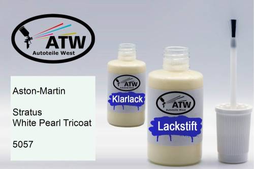 Aston-Martin, Stratus White Pearl Tricoat, 5057: 20ml Lackstift + 20ml Klarlack - Set, von ATW Autoteile West.